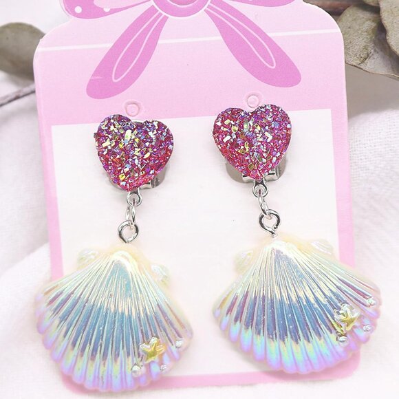 Purple Mermaid Seashell Clip On Earrings for Women Ocean Beach Jewelry Trendy Su - Picture 3 of 3